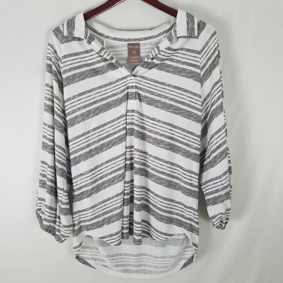 White‎ Stag Shirt Womens Large White Gray Top  Stripe Long Sleeve Collared Neck - Picture 1 of 9